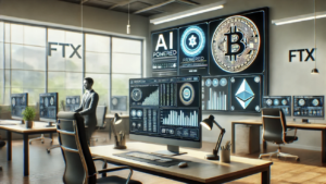 AI-powered compliance software monitoring cryptocurrency transactions in a cryptocurrency exchange FTX office.